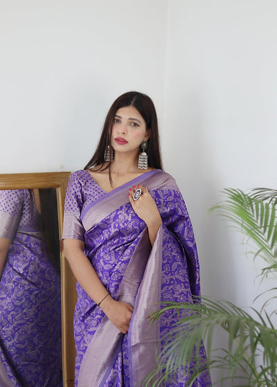 Lavender Pure Banarasi Silk Saree Stylish Blouse Piece - Almaari Fashion