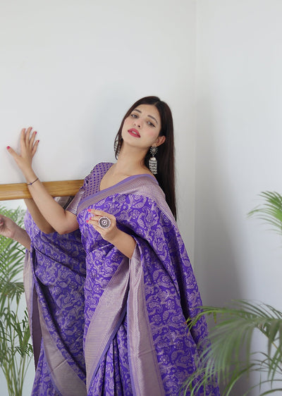 Lavender Pure Banarasi Silk Saree Stylish Blouse Piece - Almaari Fashion