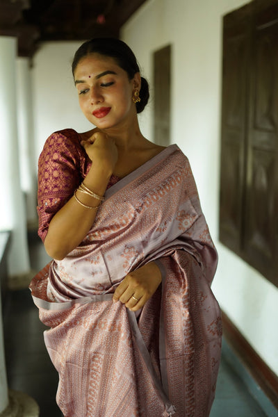 Lavender Pure Banarasi Silk Saree With Twirling Blouse Piece - Almaari Fashion