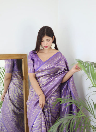 Lavender Pure Banarasi Silk Saree With Twirling Blouse Piece - Almaari Fashion