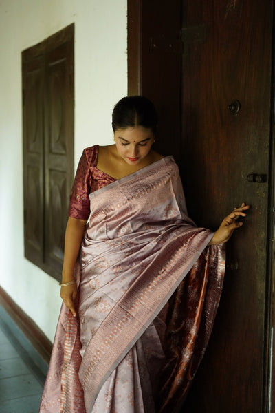 Lavender Pure Banarasi Silk Saree With Twirling Blouse Piece - Almaari Fashion