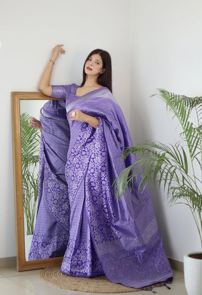 Lavender Pure Banarasi Silk Saree With Twirling Blouse Piece - Almaari Fashion