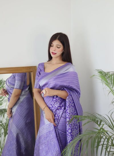 Lavender Pure Banarasi Silk Saree With Twirling Blouse Piece - Almaari Fashion