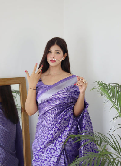 Lavender Pure Banarasi Silk Saree With Twirling Blouse Piece - Almaari Fashion