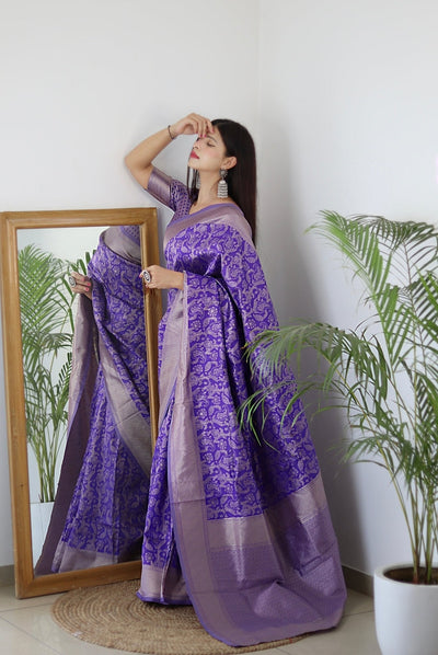 Lavender Pure Kanjivaram Silk Saree Stylish Blouse Piece - Almaari Fashion