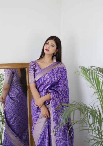 Lavender Pure Kanjivaram Silk Saree Stylish Blouse Piece - Almaari Fashion