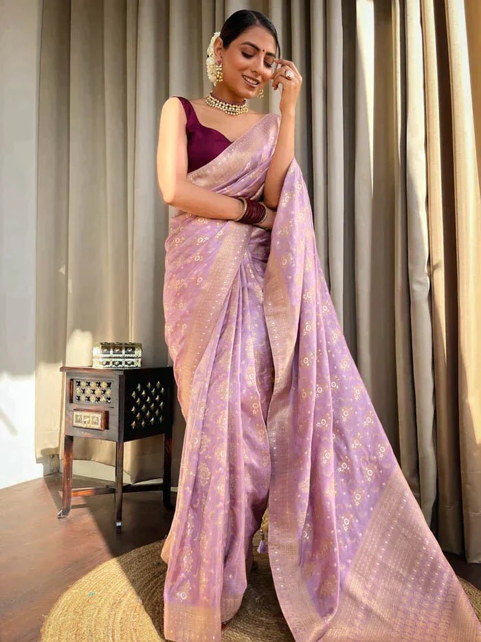 Lavender Purple Pure Banarasi Silk Saree With Twirling Blouse Piece - Almaari Fashion