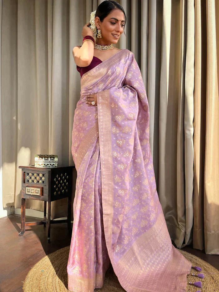 Lavender Purple Pure Banarasi Silk Saree With Twirling Blouse Piece - Almaari Fashion