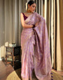 Lavender Purple Pure Banarasi Silk Saree With Twirling Blouse Piece