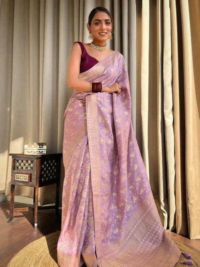 Lavender Purple Pure Banarasi Silk Saree With Twirling Blouse Piece - Almaari Fashion