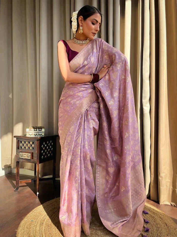 Lavender Purple Pure Banarasi Silk Saree With Twirling Blouse Piece - Almaari Fashion