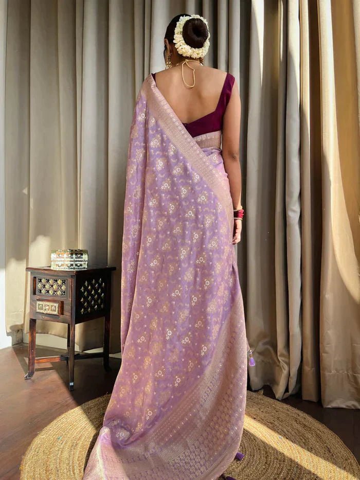 Lavender Purple Pure Banarasi Silk Saree With Twirling Blouse Piece - Almaari Fashion