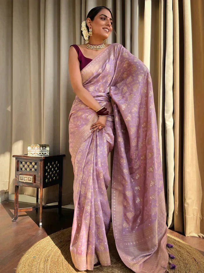 Lavender Purple Pure Banarasi Silk Saree With Twirling Blouse Piece - Almaari Fashion