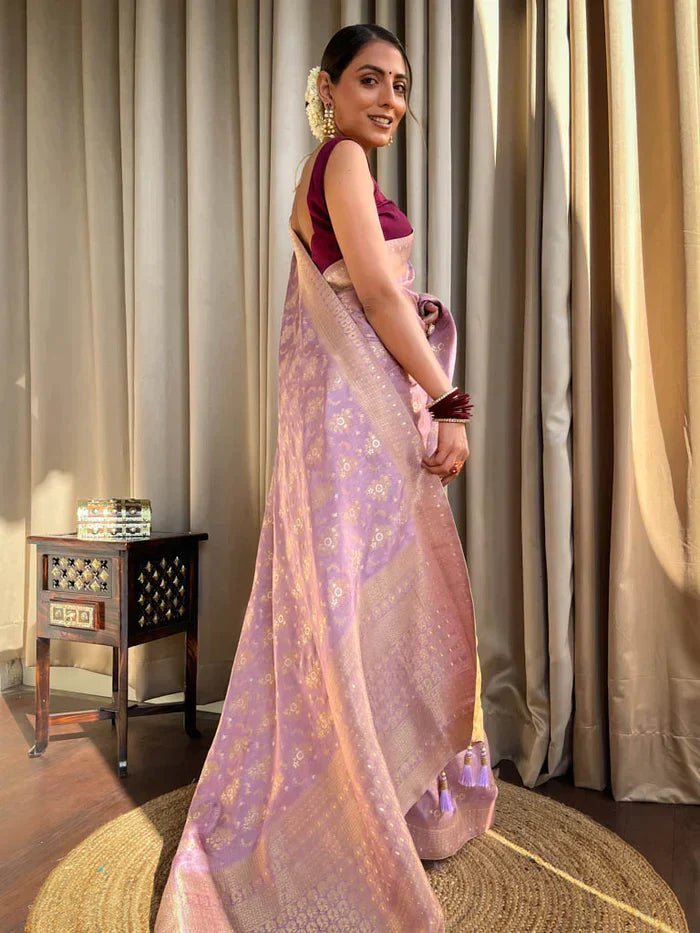 Lavender Purple Pure Banarasi Silk Saree With Twirling Blouse Piece - Almaari Fashion