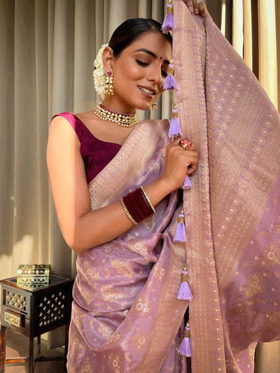 Lavender Purple Pure Banarasi Silk Saree With Twirling Blouse Piece - Almaari Fashion