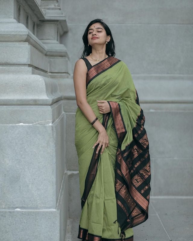 Light Green & Black Combination Pure Banarasi Silk Saree With Attractive Blouse Piece - Almaari Fashion