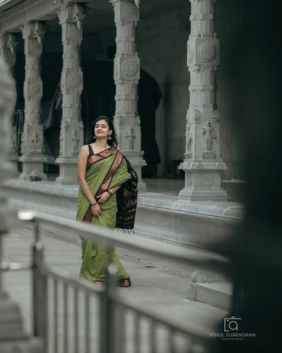 Light Green & Black Combination Pure Banarasi Silk Saree With Attractive Blouse Piece - Almaari Fashion