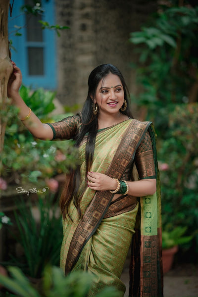 Light Green Pure Kanjivaram Silk Saree With Engrossing Maroon Blouse Piece - Almaari Fashion