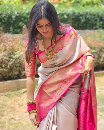 Light Grey Pure Banarasi Silk Saree Stylish Blouse Piece - Almaari Fashion