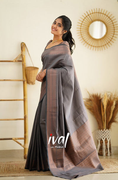 Light Grey Pure Kanjivaram Silk Saree With Heavy Brocade Blouse Piece - Almaari Fashion