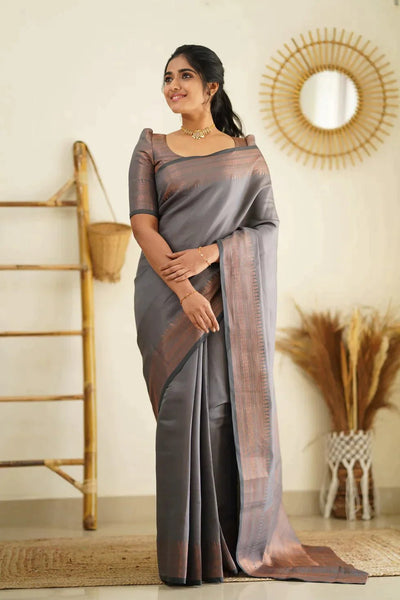 Light Grey Pure Kanjivaram Silk Saree With Heavy Brocade Blouse Piece - Almaari Fashion