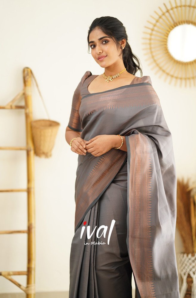 Light Grey Pure Kanjivaram Silk Saree With Heavy Brocade Blouse Piece - Almaari Fashion