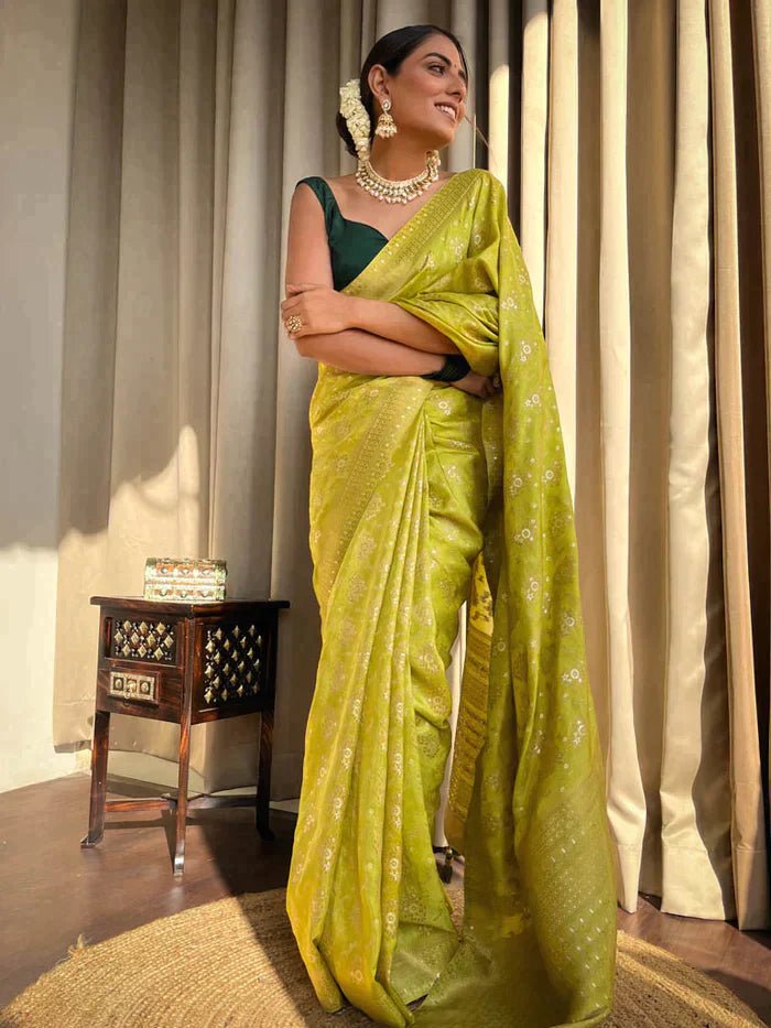 Light Mehendi Green Pure Banarasi Silk Saree With Twirling Blouse Piece - Almaari Fashion