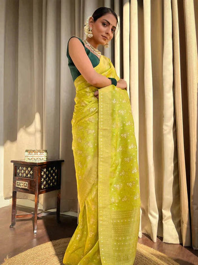 Light Mehendi Green Pure Banarasi Silk Saree With Twirling Blouse Piece - Almaari Fashion