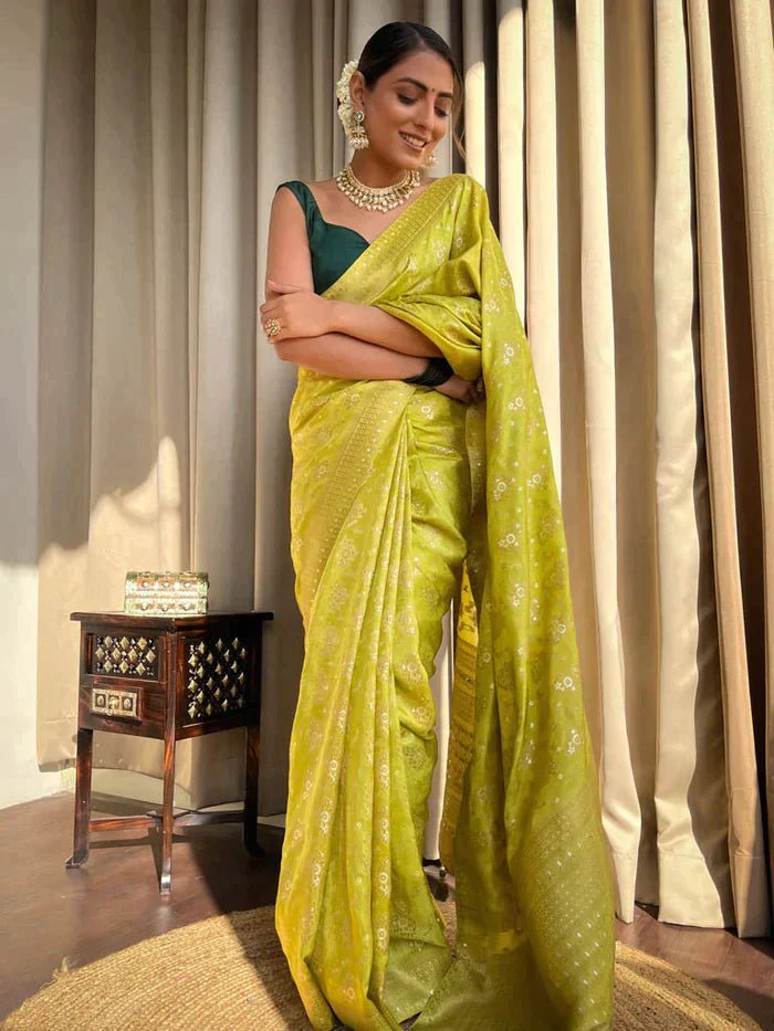 Light Mehendi Green Pure Banarasi Silk Saree With Twirling Blouse Piece - Almaari Fashion