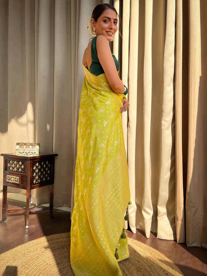 Light Mehendi Green Pure Banarasi Silk Saree With Twirling Blouse Piece - Almaari Fashion