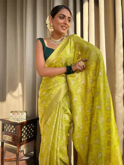 Light Mehendi Green Pure Banarasi Silk Saree With Twirling Blouse Piece - Almaari Fashion