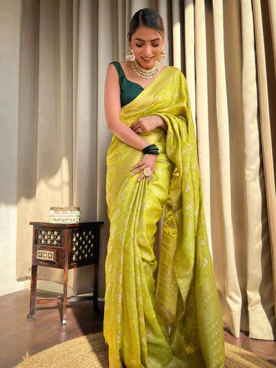 Light Mehendi Green Pure Banarasi Silk Saree With Twirling Blouse Piece - Almaari Fashion