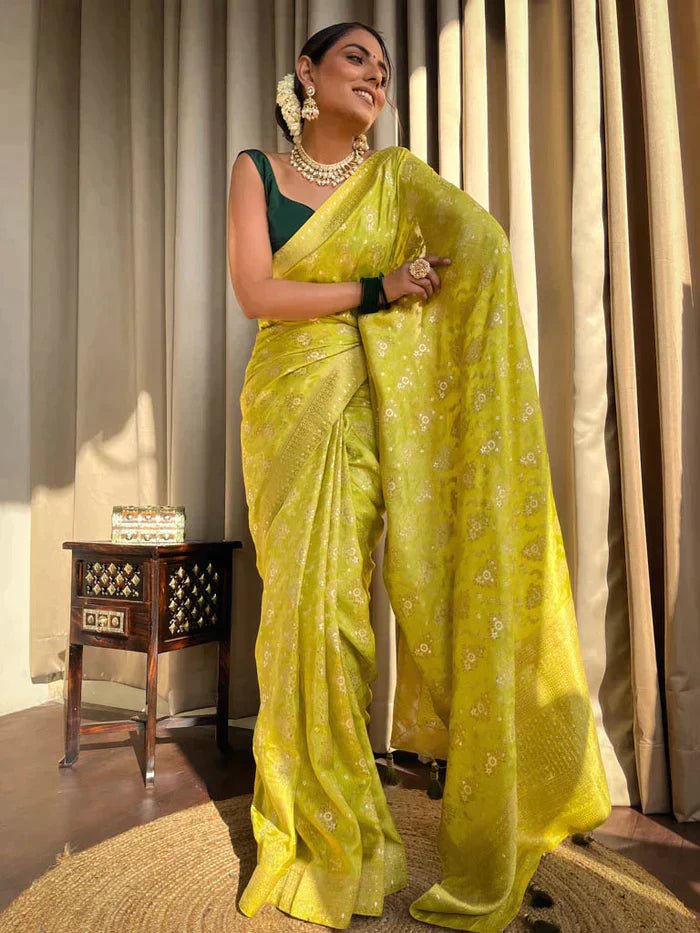 Light Mehendi Green Pure Banarasi Silk Saree With Twirling Blouse Piece - Almaari Fashion