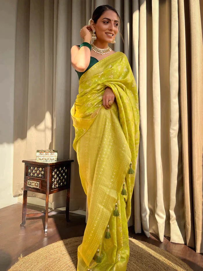 Light Mehendi Green Pure Banarasi Silk Saree With Twirling Blouse Piece - Almaari Fashion