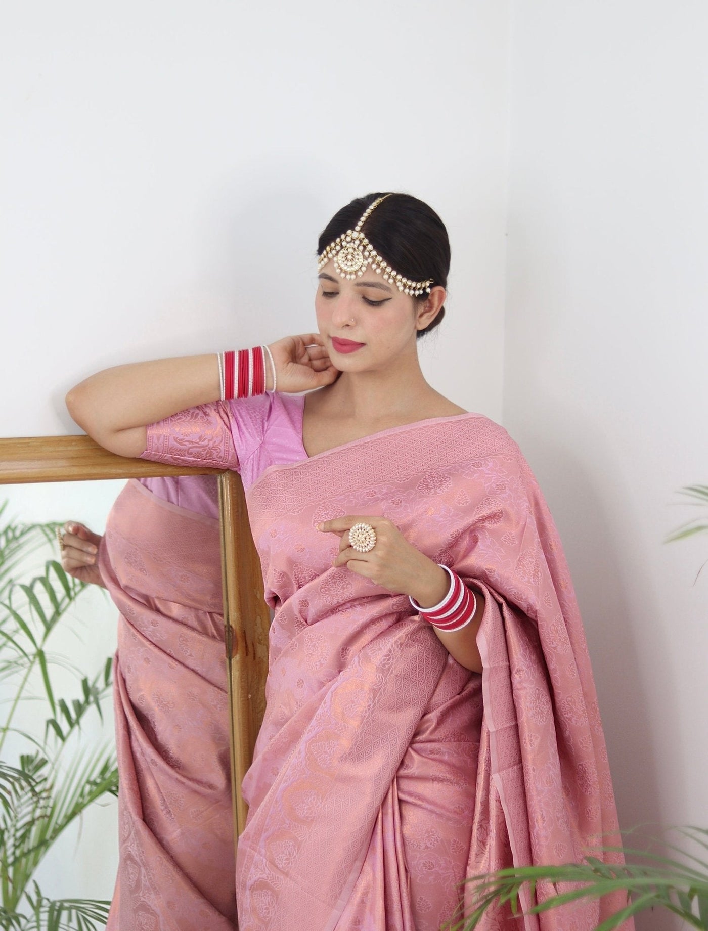 Light Pink Pure Satin Silk Saree With Snappy Blouse Piece - Almaari Fashion