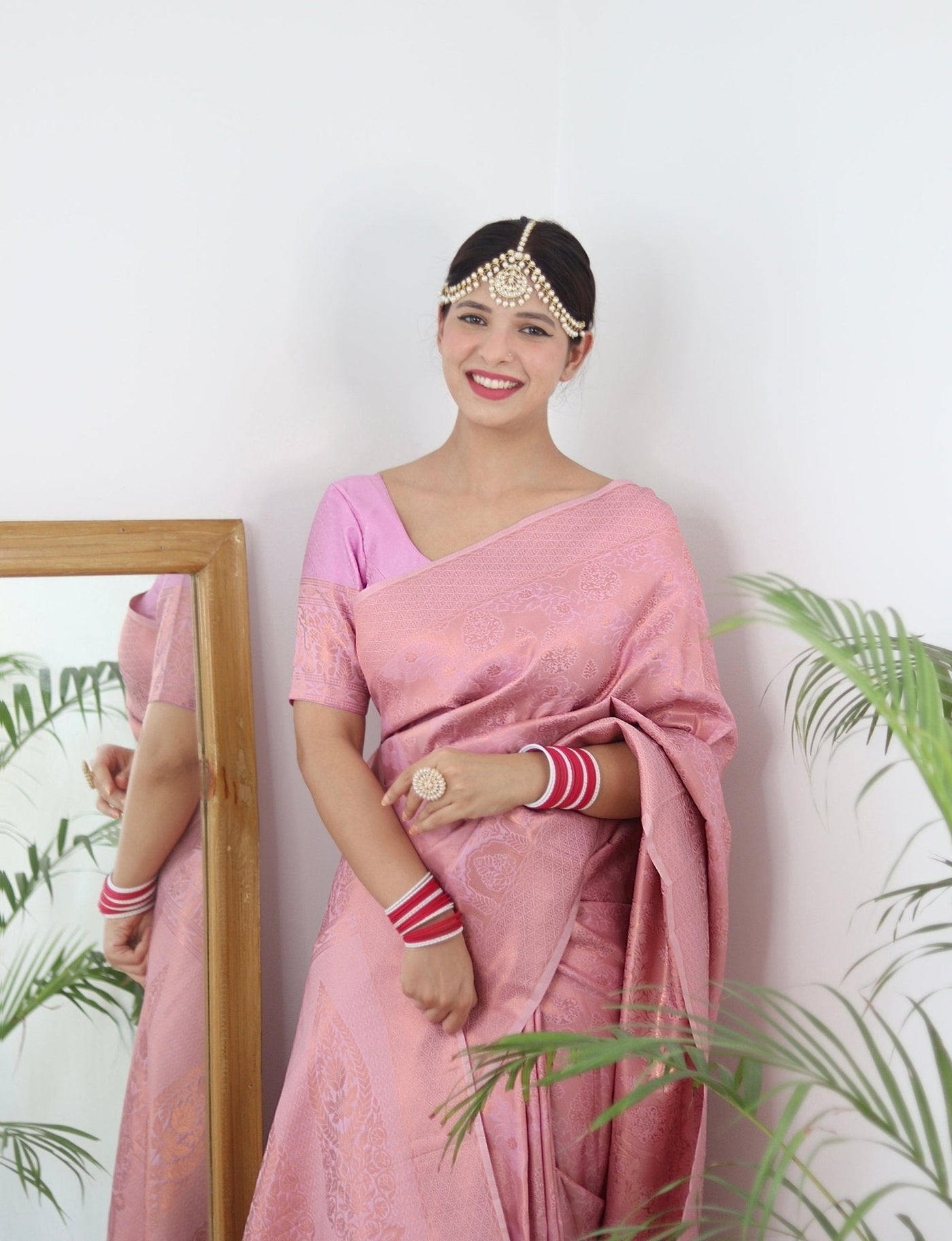 Light Pink Pure Satin Silk Saree With Snappy Blouse Piece - Almaari Fashion