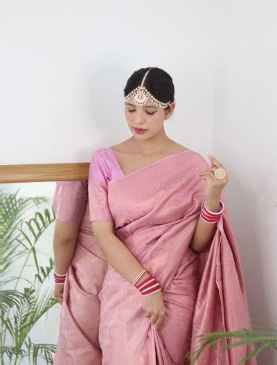 Light Pink Pure Satin Silk Saree With Snappy Blouse Piece - Almaari Fashion