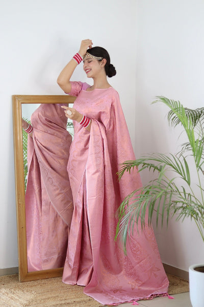 Light Pink Pure Satin Silk Saree With Snappy Blouse Piece - Almaari Fashion