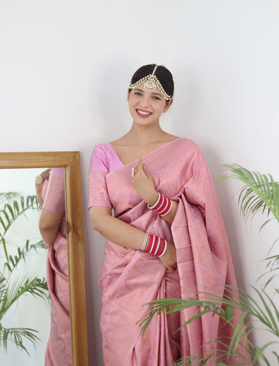 Light Pink Pure Satin Silk Saree With Snappy Blouse Piece - Almaari Fashion