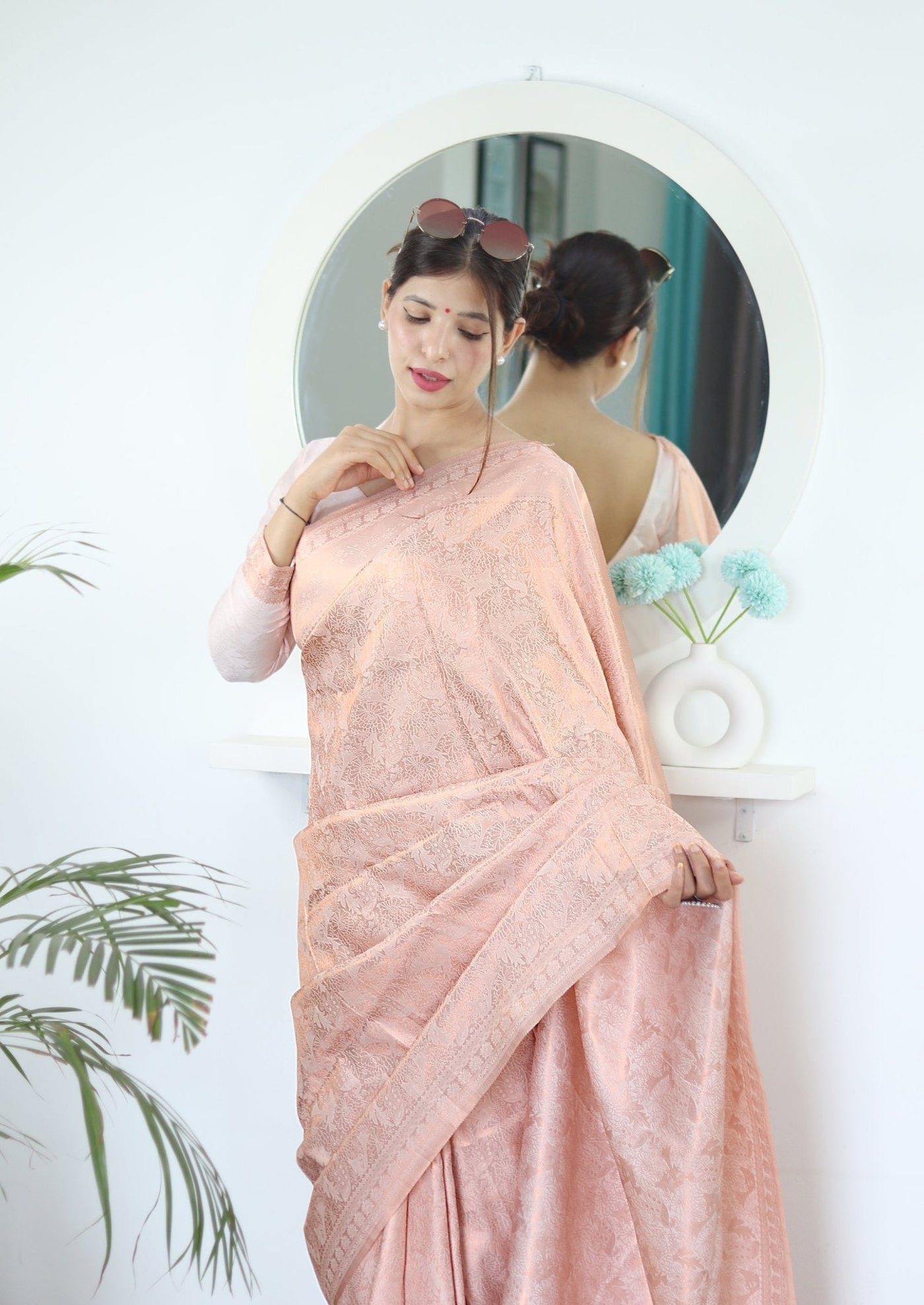 Light Pink Shades beautiful Flower Pure Satin Silk Saree With Designer Blouse - Almaari Fashion