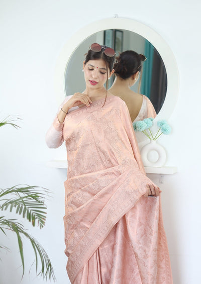 Light Pink Shades beautiful Flower Pure Satin Silk Saree With Designer Blouse - Almaari Fashion