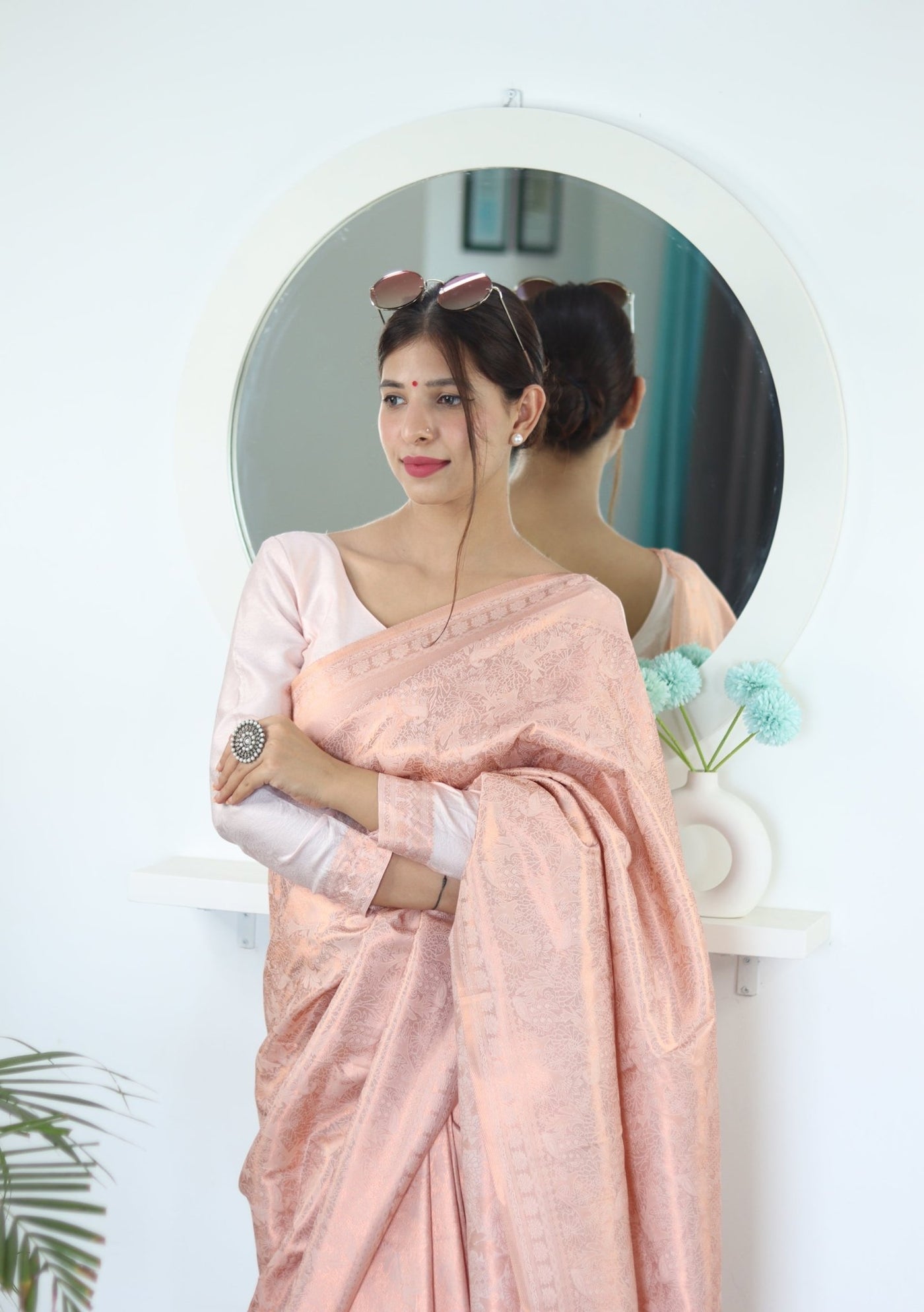 Light Pink Shades beautiful Flower Pure Satin Silk Saree With Designer Blouse - Almaari Fashion