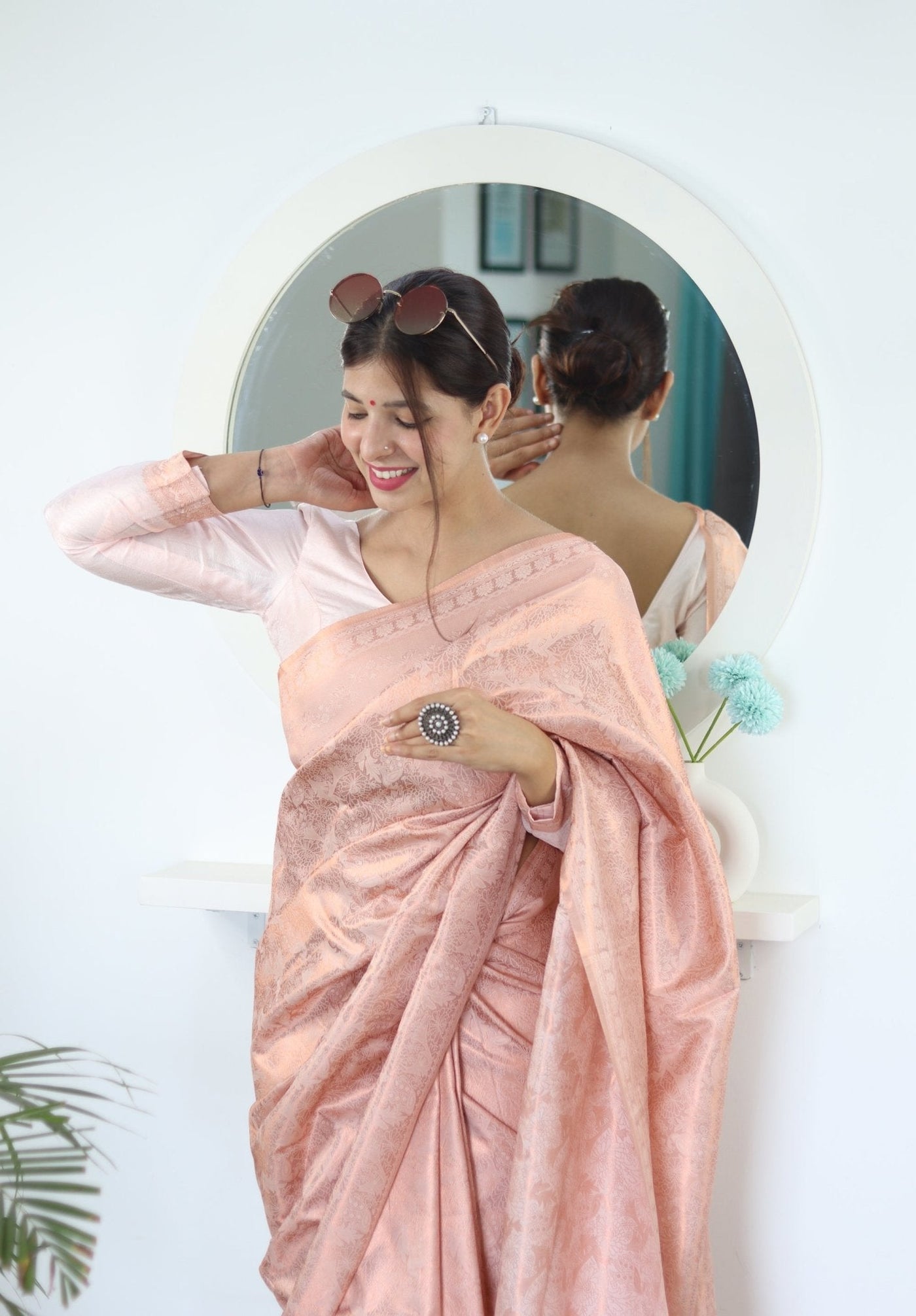 Light Pink Shades beautiful Flower Pure Satin Silk Saree With Designer Blouse - Almaari Fashion