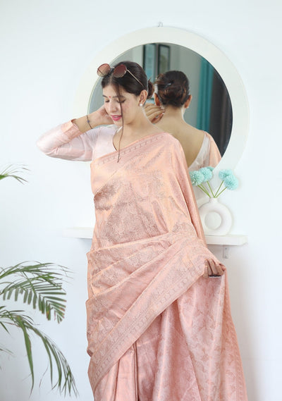 Light Pink Shades beautiful Flower Pure Satin Silk Saree With Designer Blouse - Almaari Fashion