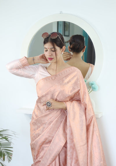 Light Pink Shades beautiful Flower Pure Satin Silk Saree With Designer Blouse - Almaari Fashion