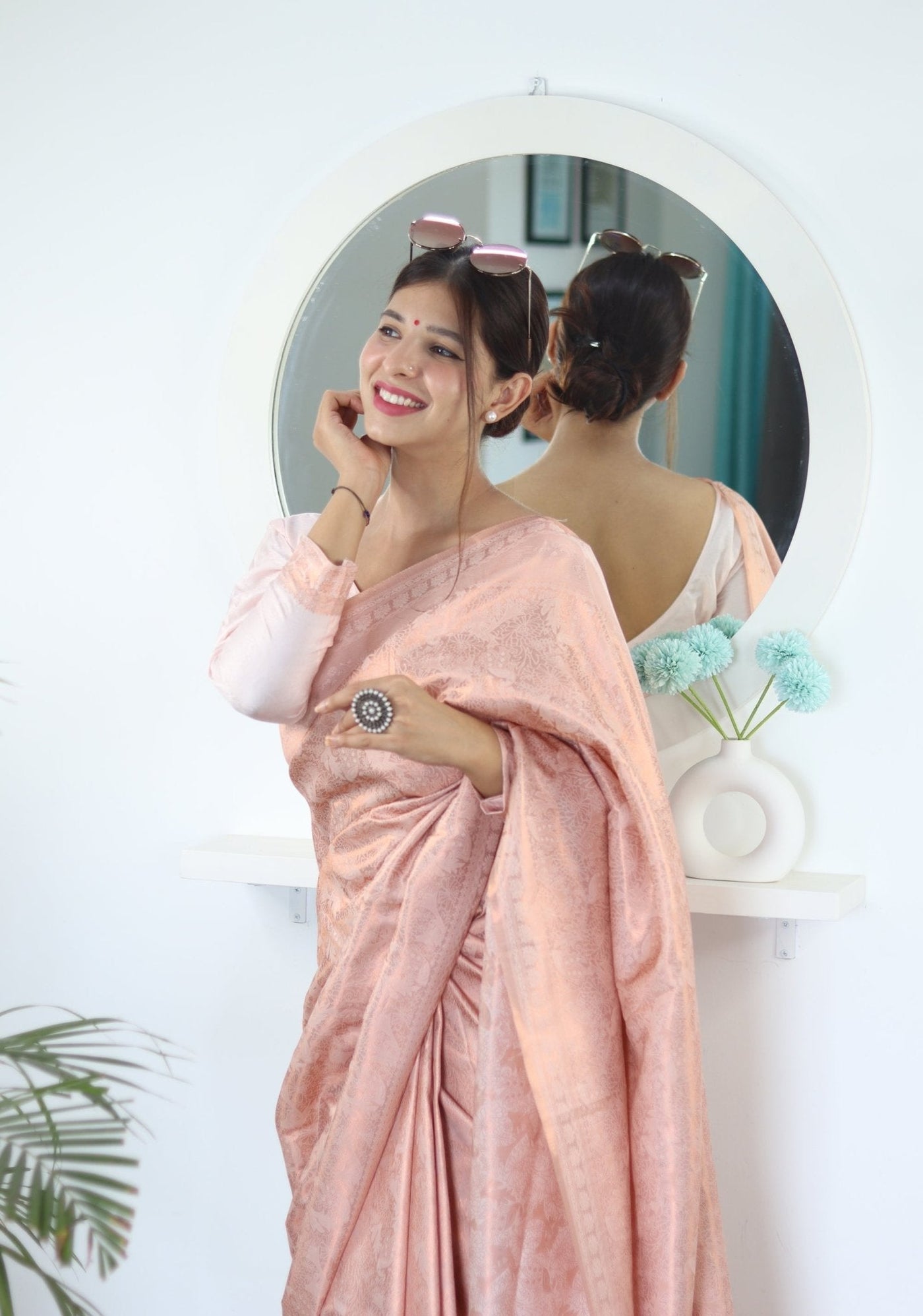 Light Pink Shades beautiful Flower Pure Satin Silk Saree With Designer Blouse - Almaari Fashion