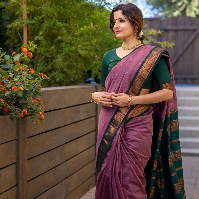 Lilac Purple With Dark Green Combination Pure Banarasi Silk Saree With Attractive Blouse Piece - Almaari Fashion