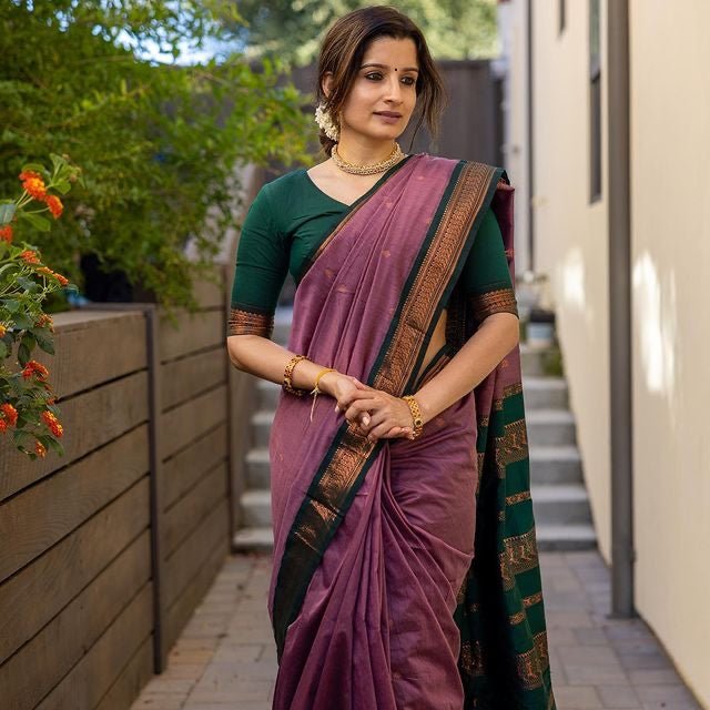 Lilac Purple With Dark Green Combination Pure Banarasi Silk Saree With Attractive Blouse Piece - Almaari Fashion