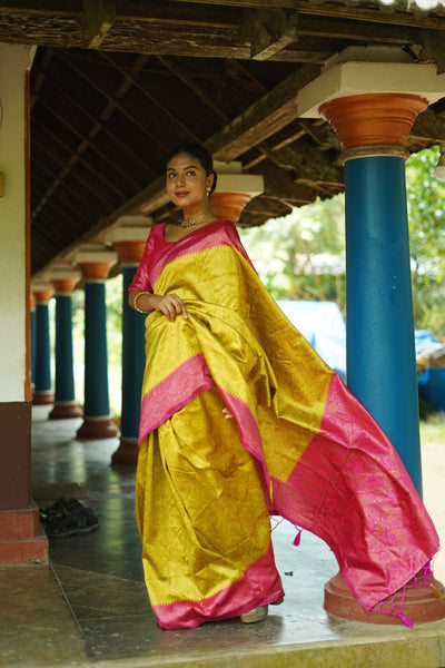 Lime Pure Banarasi Silk Saree With Twirling Blouse Piece - Almaari Fashion