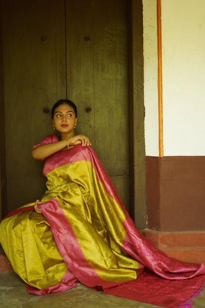 Lime Pure Banarasi Silk Saree With Twirling Blouse Piece - Almaari Fashion